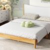 Queen Size Rubber Wooden, Solid Wooden Bed With Teddy Velvet Cushion Upholstered Headboard, Enhanced By Support Feet - Natural - Image 9