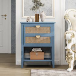2 Drawer Side Table, Natural Rattan, American Furniture, End Table Suitable For Bedroom, Living Room, Or Study - Blue