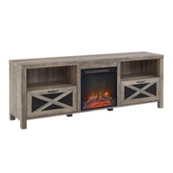 Industrial Farmhouse Metal Mesh Drop Down X Door 70" Fireplace TV Stand For 80" TVs - Gray Wash