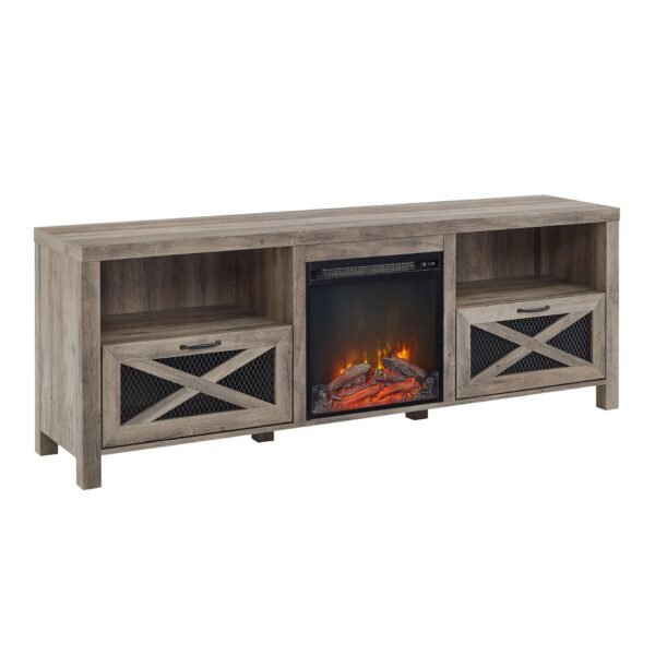 Industrial Farmhouse Metal Mesh Drop Down X Door 70" Fireplace TV Stand For 80" TVs - Gray Wash
