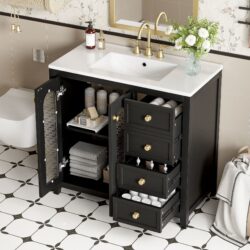 Bathroom Vanity With Two Soft Close Doors, Adjustable Shelves And Three Drawers - Black