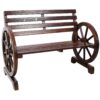 Rustic Country 2 Person Wooden Wagon Wheel Bench With Slatted Seat And Backrest - Brown - Image 3