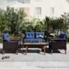 4 Piece Garden Furniture, Patio Seating Set, Outdoor Sofa Set, Wood Table And Legs - Brown / Blue - Image 4