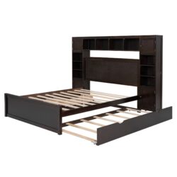 Queen Size Bed With All In One Cabinet, Shelf And Sockets, Twin Long Trundle - Espresso