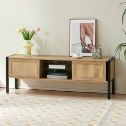 Rattan TV Cabinet With Variable Color Light Strip, Double Sliding Doors For Storage, Adjustable Shelf, Metal Legs, TV Console For Living Room - Natural