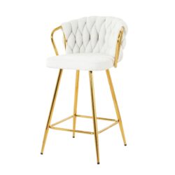 Modern Design High Stool With Gold Plated Legs Linen Bar Chair For Kitchen Dining And Cafe (Set of 2) - White