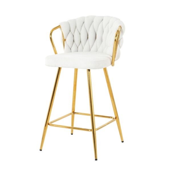 Modern Design High Stool With Gold Plated Legs Linen Bar Chair For Kitchen Dining And Cafe (Set of 2) - White