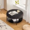 Upholstered Round Ottoman Coffee Table Foot Rest With Metal Legs And Wooden Open Storage Shelf - Charcoal - Image 6