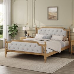Traditional Style Solid Bed Frame With Upholstered Tufted Headboard, No Box Spring Needed, Queen Size - Antique Walnut