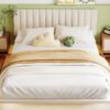 Queen Size Upholstered Bed With Sensor Light And Headboard, Floating Platform Bed - Beige - Image 14