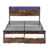 Modern Full Size Metal Platform Bed Frame With Wooden Headboard USB Charging Station Storage Drawers LED Lights - Black / Brown - Image 13