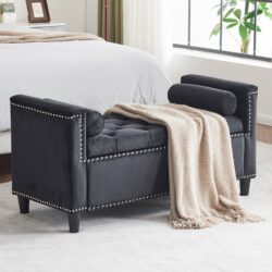 Storage Bench, Queen Velvet Button Bedside Bench, Entryway Living Room With Armrests, Nailhead Trim, Upholstered Bedroom Bench, Bedside Ottoman, Living Room, Entryway - Black