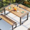 3 Pieces Outdoor Dining Table With 2 Benches, Patio Dining Set With Unique Top Texture, Acacia Wood Top & Steel Frame, All Weather Use, For Outdoor & Indoor - Natural - Image 6