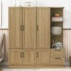 3 Door Storage Wardrobe For Dedroom With Shelves And 2 Drawers, Side Storage Shelves - Nature - Image 11