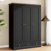 Modern 3 Doors Armoire Wardrobe Closet With 2 Drawers, Tall Wardrobe Cabinet With Hanging Rail And Shelve For Bedroom - Natural / Black - Image 3