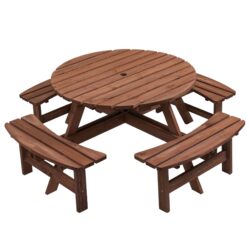 8 Person Wooden Picnic Table, Outdoor Camping Dining Table With Seat, Garden, Diy With 4 Built-In Benches, 2220Lb Capacity - Brown