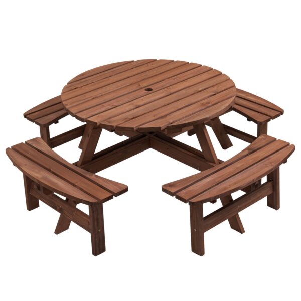 8 Person Wooden Picnic Table, Outdoor Camping Dining Table With Seat, Garden, Diy With 4 Built-In Benches, 2220Lb Capacity - Brown
