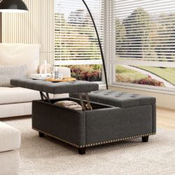 Massive Square Storage Bench, Footstool With 2 Storage Doors, Mid - Century Modern Coffee Table For Living Room, Nailhead Inlay - Dark Gray