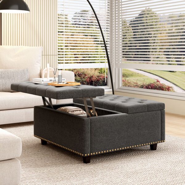 Massive Square Storage Bench, Footstool With 2 Storage Doors, Mid - Century Modern Coffee Table For Living Room, Nailhead Inlay - Dark Gray
