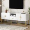 Modern TV Stand For TV Up To 70", TV Cabinet With 1 Drawer, 2 Cabinets And Metal Legs, Handles And Anti-Tip Device For Living Room - White - Image 3