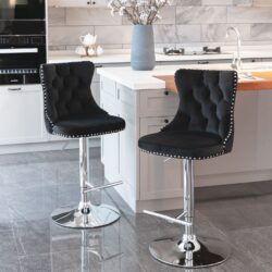 Swivel Velvet Barstools Adjusatble Seat Height From 25-33", Modern Upholstered Chrome Base Bar Stools With Backs Comfortable Tufted For Home Pub And Kitchen Island (Set of 2) - Black