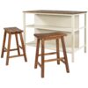 Solid Wood Rustic 3 Piece Stationary Kitchen Island Set With 2 Seatings, Rubber Wood Butcher Block Dining Table Set Prep Table Set With 2 Open Shelves For Small Places - Walnut / Cream White - Image 7