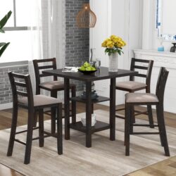 Wooden Counter Height Dining Set With Padded Chairs And Storage Shelving - Espresso
