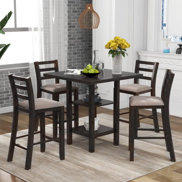 Wooden Counter Height Dining Set With Padded Chairs And Storage Shelving - Espresso