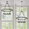 Extra Large Wagon Wheel Chandelier, 2 Tier 36 Lights (No Include) Farmhouse Industrial Round High Ceiling Pendant Light Adjustable Chain, For Dining Room, Living Room, Kitchen - Black - Image 8