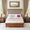 Queen Size Bed Frame With Upholstered Headboard, Queen Bed Frame With Charging Station And LED Lights, Wood Slats, No Box Spring Needed - Gray / Dark Brown - Image 2