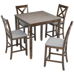 5 Piece Dining Table Set, Wooden Dining Square Table Set For 4, Counter Height Kitchen Table Set With Square Table And 4 Upholstered Chairs For Small Space - Walnut