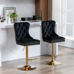 Thick Golden Swivel Velvet Barstools Adjusatble Seat Height From 27-35", Modern Upholstered Bar Stools With Backs Comfortable Tufted For Home Pub And Kitchen Island (Set of 2) - Black
