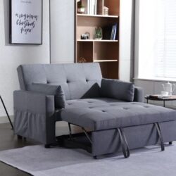 2 Seaters Slepper Sofa Bed Linen Fabric 3-In-1 Convertible Sleeper Loveseat With Side Pocket - Dark Gray