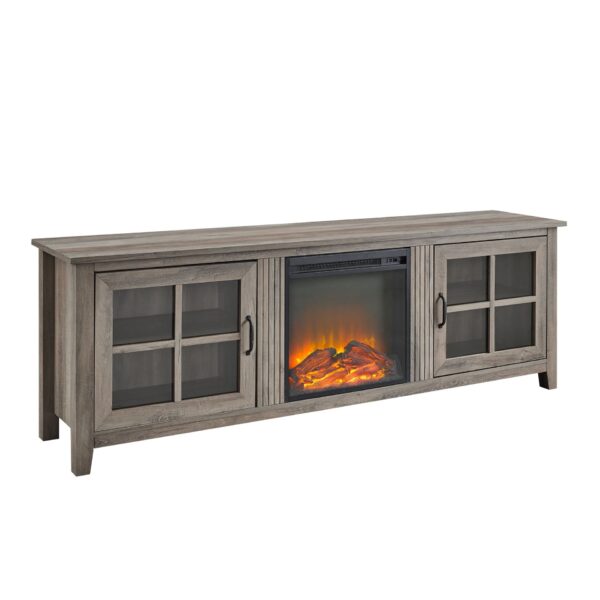 Modern Farmhouse 2 Door Glass Windowpane 70" Fireplace TV Stand For 80" TVs - Gray Wash