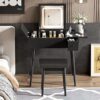 Makeup Vanity Desk With Flip Top Mirror And LED Light, Dressing Table With Charging Station, 2 Drawers And Fold Up Panel, Vanity Set With Cushioned Stool For Bedroom - Black - Image 4