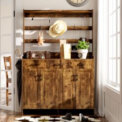 Minimalist 4 Door Shoe Cabinet With Coat Rack, Spacious Top, 3 Drawers, 8 Shelves, Metal Hooks And Handles For Hallway - Rustic Brown