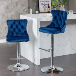 Swivel Velvet Barstools Adjusatble Seat Height From 25-33", Modern Upholstered Chrome Base Bar Stools With Backs Comfortable Tufted For Home Pub And Kitchen Island (Set of 2) - Blue