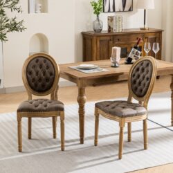 French Style Solid Wood Frame Antique Painting, Hand-Pulled Buckle Decoration Artificial Leather Dining Chair With Nailhead Trim, Wood Legs, Density Foam, Steel Spring Inner (Set of 2) - Brown