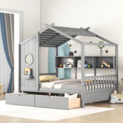 Full Size House Bed With 2 Drawers, Kids Bed With Storage Shelf - Gray