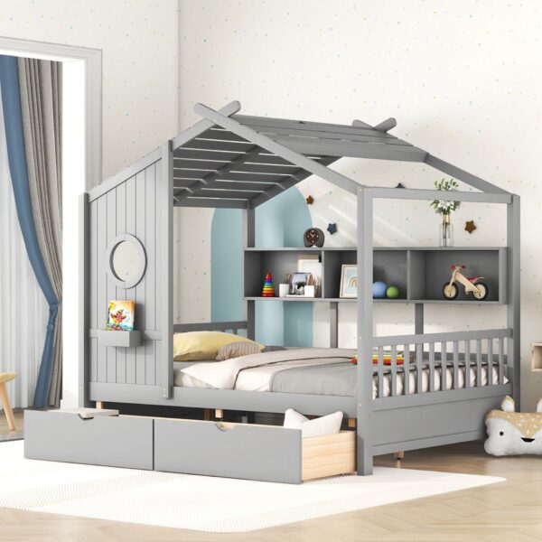 Full Size House Bed With 2 Drawers, Kids Bed With Storage Shelf - Gray