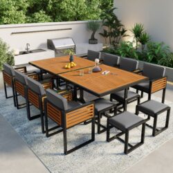 18 Pieces Acacia Wood Patio Dining Set, Space Saving Outdoor Patio Set, 8 Cushioned Chairs & 8 Ottomans & 2 Square Table, For Backyard, Garden, Deck And Poolside - Gray