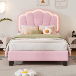 Twin Size Upholstered Flower-Shape Bed, Elegant Flowers Headboard With LED Light Strip, Sherpa Fabric Platform Bed With Slats Support - Pink