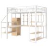 Full Size Metal Loft Bed With Storage Staircase And Small Wardrobe, Built - In Desk And Storage Shelves - White - Image 8