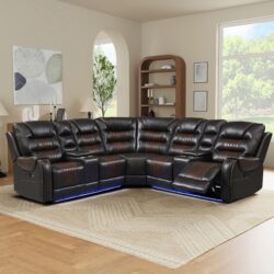 Manual Reclining Sectional Sofa Set L Shaped Symmetrical Motion Sofa Corner Couch Sets With Storage Boxes, 4 Cup Holders And LED Light Strip For Living Room - Black / Brown