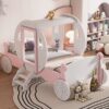 Twin Size Princess Carriage Bed With Crown, Platform Car Bed With Stair - White / Pink - Image 13