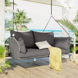 2 Person Hanging Seat, Rattan Woven Swing Chair, Porch Swing With Ropes - Gray / Cushion