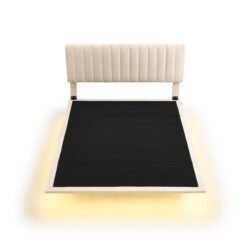 Queen Size Upholstered Bed With Sensor Light And Headboard, Floating Platform Bed - Beige