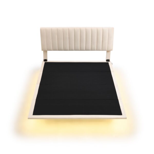 Queen Size Upholstered Bed With Sensor Light And Headboard, Floating Platform Bed - Beige