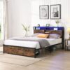 Modern Full Size Metal Platform Bed Frame With Wooden Headboard USB Charging Station Storage Drawers LED Lights - Black / Brown - Image 4