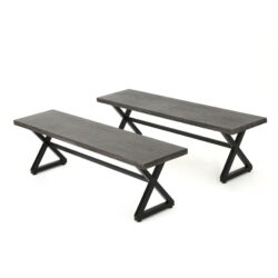 Contemporary Outdoor Aluminum Dining Benches Set With Steel Frame (Set of 2) - Gray / Black